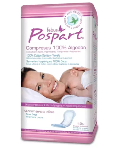 INDASEC FEBUS POSPART Primeros Días Compresas 100 % Algodón 12 unidades