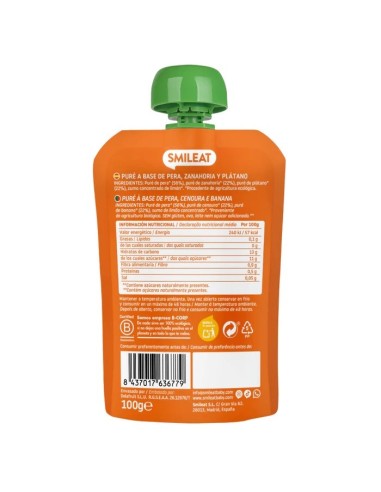 SMILEAT Pouch Zanahoria, Pera y Plátano 100 g ECO