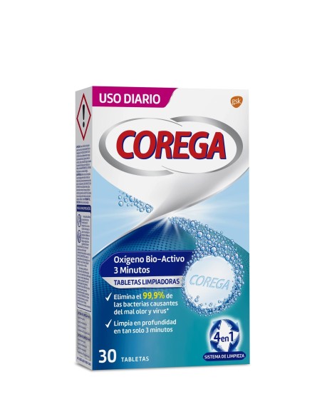 COREGA Oxígeno Bio Activo 3 Minutos 30 tabletas limpiadoras