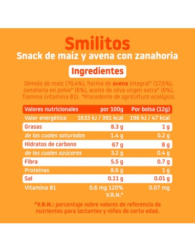 SMILEAT Smilitos Snack de Maiz y Avena con Zanahoria 48 g ECO