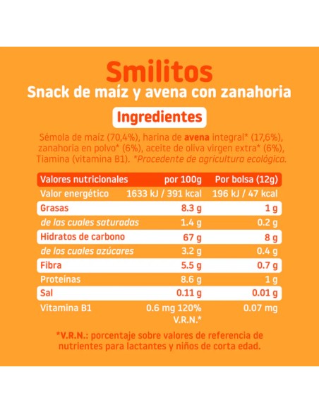 SMILEAT Smilitos Snack de Maiz y Avena con Zanahoria 48 g ECO