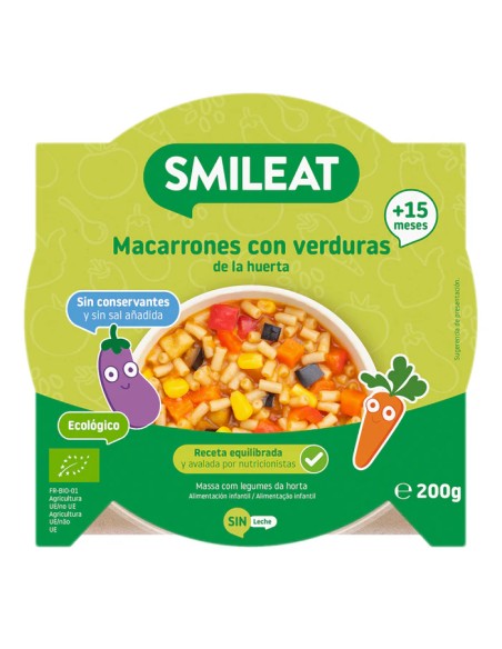 SMILEAT Platito de Macarrones con Verduras de la Huerta 200 g ECO