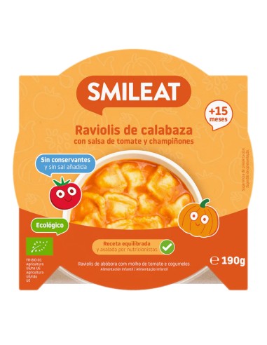 SMILEAT Platito de Raviolis de Calabaza con Salsa de Tomate y Champiñones 190 g ECO