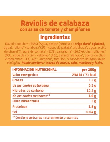 SMILEAT Platito de Raviolis de Calabaza con Salsa de Tomate y Champiñones 190 g ECO
