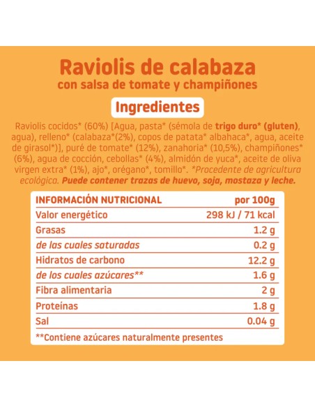 SMILEAT Platito de Raviolis de Calabaza con Salsa de Tomate y Champiñones 190 g ECO