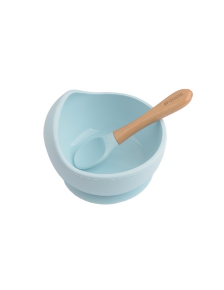 Glitter & Spice bol antiderrames y cuchara de silicona ice blue