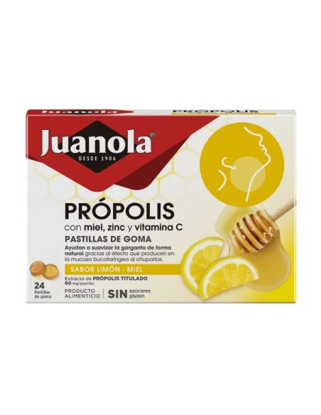 JUANOLA Própolis con Miel, Zinc y Vitamina C 24 pastillas de goma sabor Limón-Miel