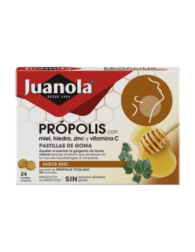 JUANOLA Própolis con Miel, Hiedra, Zinc y Vitamina C 24 pastillas de goma sabor Miel