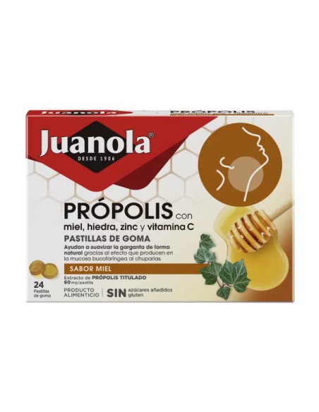 JUANOLA Própolis con Miel, Hiedra, Zinc y Vitamina C 24 pastillas de goma sabor Miel