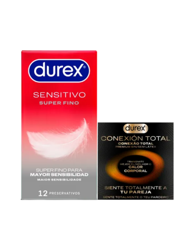 DUREX PACK SENSITIVO SUPER FINO Preservativos 12 unidades + CONEXIÓN TOTAL Preservativos 3 unidades GRATIS