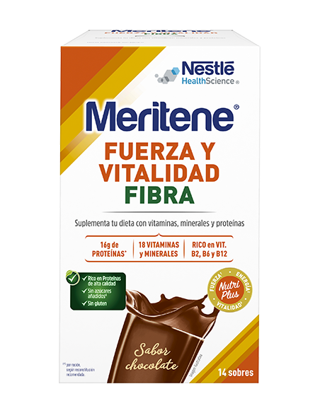 MERITENE Fuerza y Vitalidad Fibra batido Chocolate 490g 14 sobres x 35g